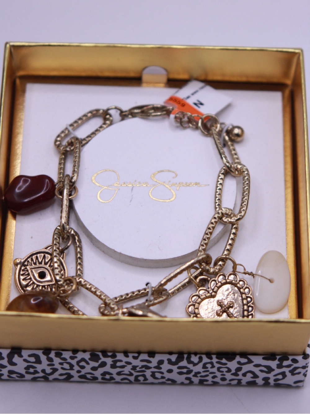 Jessica Simpson Gold-Tone Link Bracelet with Maroon and Cream Accents